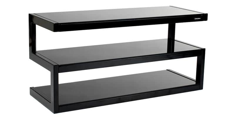 Meuble Hi-fi Norstone Esse – 4 étagères, Acier Laqué Noir, Verre Trempé, Charge 40 Kg Max